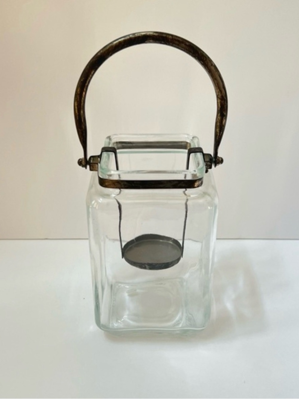 Clear Glass Lantern Vase Candle Holder with Antique Brass Handle
